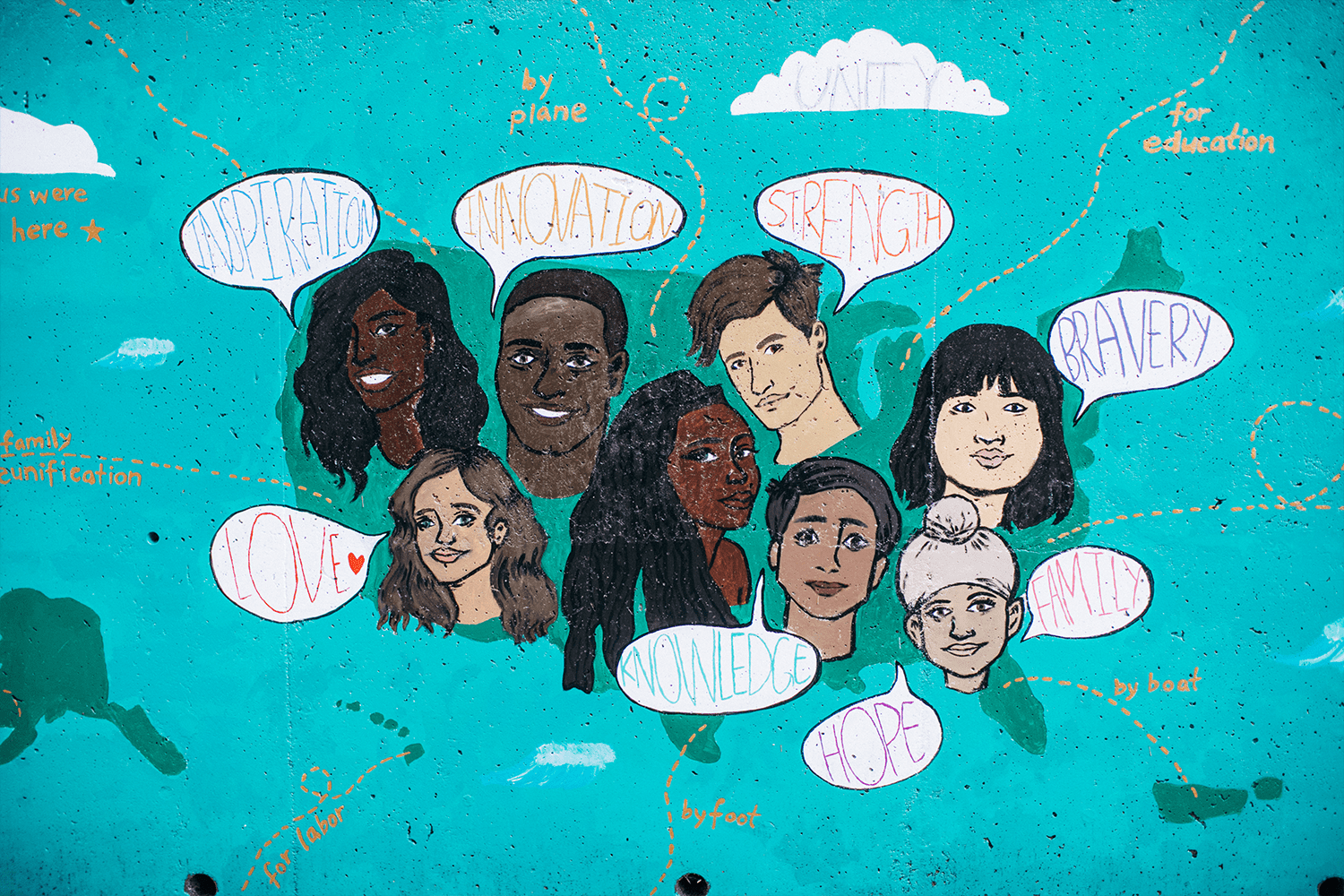 Mural with diverse group of students and the words "family," "love," and "bravery."