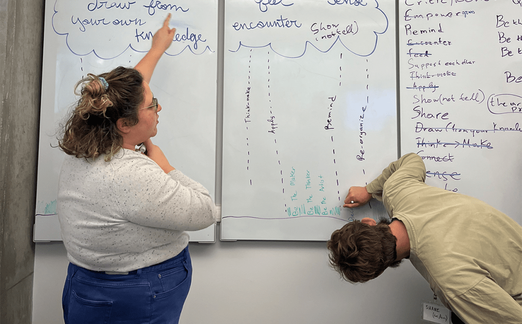 Two grad students working at a whiteboard. 